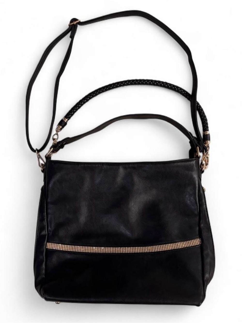 Women's Black Hobo Bag with Gold-Tone Trim and Dual Straps
